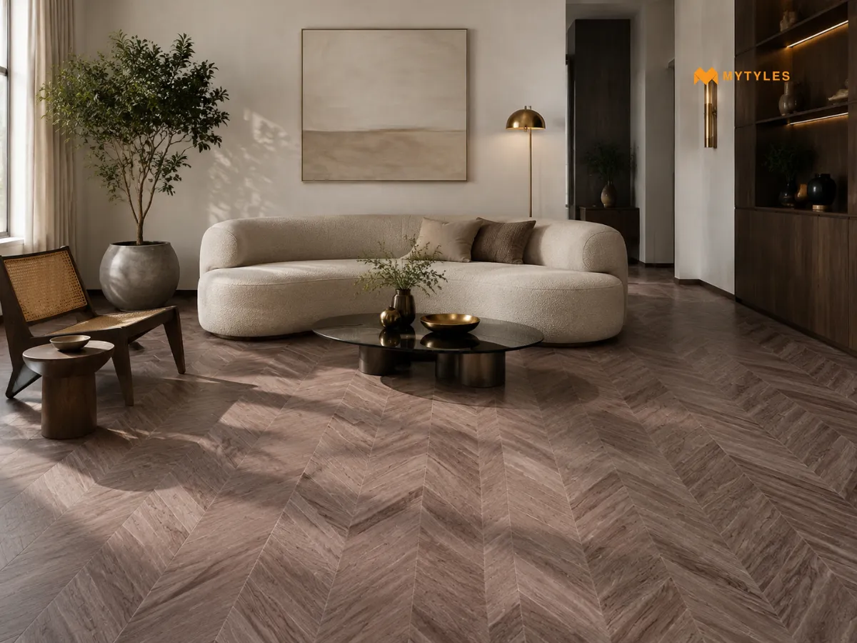 Bark Wood Brown Chevron Tiles in Living Room